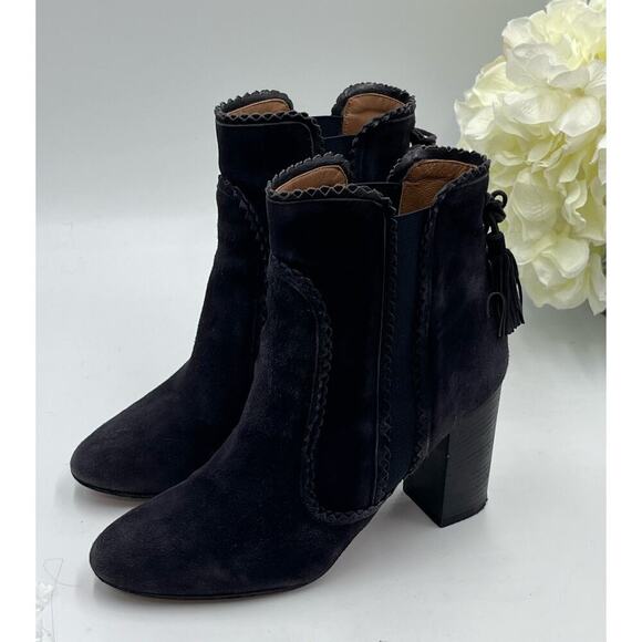 Aquazzura Firenze Black Gray Suede Tristan Fringe Ankle Bootie Tassel 37.5,Sz 7 - Picture 6 of 13